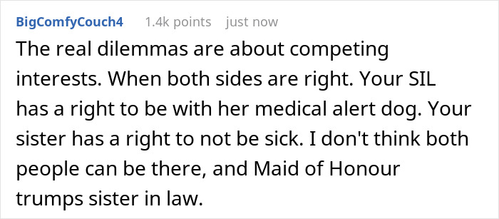 Comment discussing the bride refusing sister-in-law’s service dog at wedding due to competing health concerns.