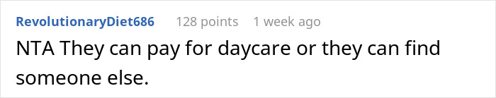 Screenshot of a Reddit comment discussing a 40-year-old aunt refusing to be a free sitter for a couple. Screenshot of a Reddit comment discussing a 40-year-old aunt refusing to be a free sitter for a couple.