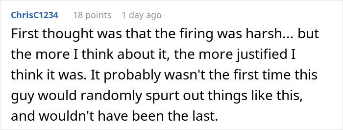 Commenter discussing justification of an employee firing after a body-shaming remark made to the CFO. Commenter discussing justification of an employee firing after a body-shaming remark made to the CFO.