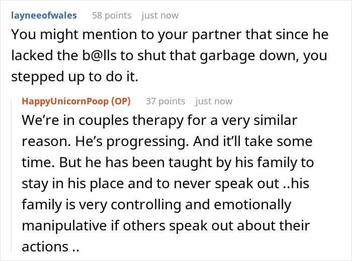Text exchange about standing up for cousin's wife against rude husband amid controlling family dynamics. Text exchange about standing up for cousin's wife against rude husband amid controlling family dynamics.