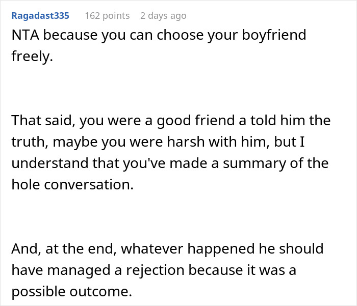 Text comment discussing a guy telling an old friend to date him instead of her boyfriend because he is tall and dealing with rejection. Text comment discussing a guy telling an old friend to date him instead of her boyfriend because he is tall and dealing with rejection.