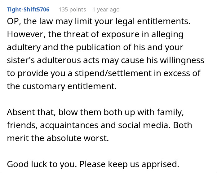 Text from a user discussing legal entitlements and exposure of husband's dark secret just a month into marriage.