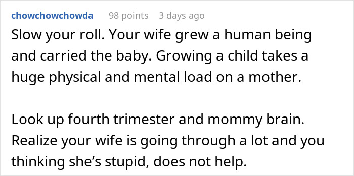 Comment explaining new mom struggles and mental load of baby care, highlighting husband’s lack of support and judgment. Comment explaining new mom struggles and mental load of baby care, highlighting husband’s lack of support and judgment.