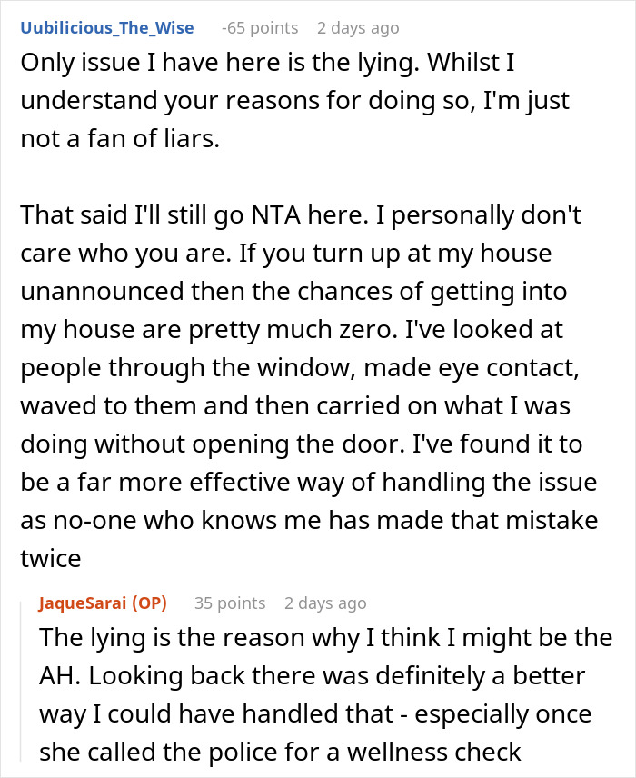 Comment discussing a woman showing up unannounced at her ex-DIL’s doorstep and calling cops when denied entry. Comment discussing a woman showing up unannounced at her ex-DIL’s doorstep and calling cops when denied entry.