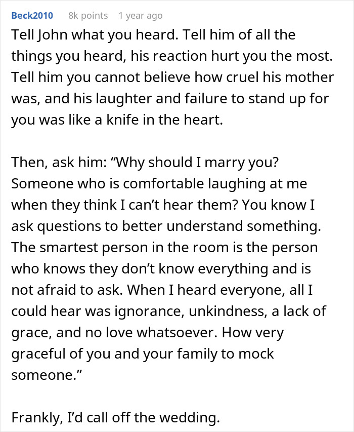 Text post discussing a future MIL brands bride-to-be stupid, fiancé laughing, and emotional advice on handling in-law conflict. Text post discussing a future MIL brands bride-to-be stupid, fiancé laughing, and emotional advice on handling in-law conflict.