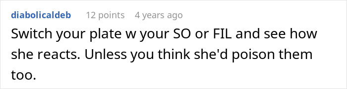 Screenshot of a comment discussing suspicions about poisoning due to mother-in-law's weird and suspicious behavior. Screenshot of a comment discussing suspicions about poisoning due to mother-in-law's weird and suspicious behavior.