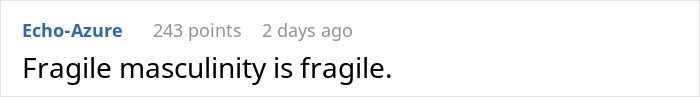 Comment on fragile masculinity by user Echo-Azure with 243 points, posted 2 days ago on a discussion platform. Comment on fragile masculinity by user Echo-Azure with 243 points, posted 2 days ago on a discussion platform.