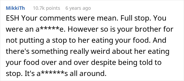 Text conversation about drama involving a woman upset over her brother’s girlfriend repeatedly eating her food. Text conversation about drama involving a woman upset over her brother’s girlfriend repeatedly eating her food.