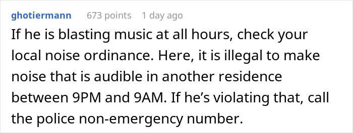 Comment explaining local noise ordinance and police advice regarding an entitled neighbor trying to hijack a resident’s driveway. Comment explaining local noise ordinance and police advice regarding an entitled neighbor trying to hijack a resident’s driveway.