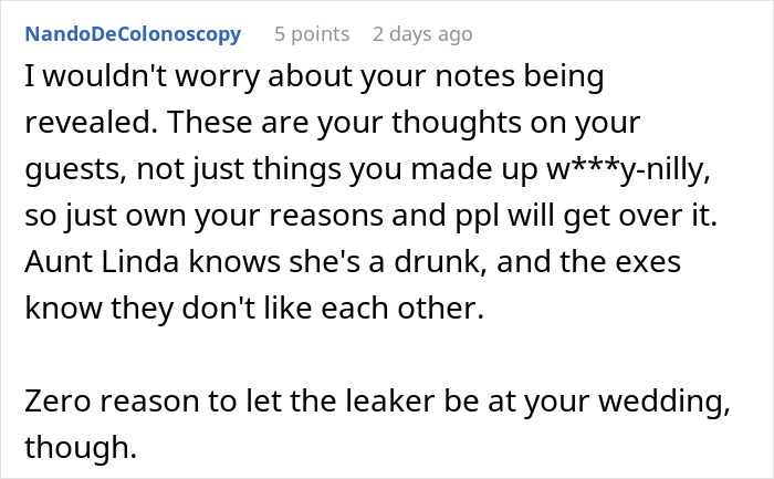 Comment discussing bride’s trust and loyalty issues after bridesmaid leaks wedding seating chart, offending guests. Comment discussing bride’s trust and loyalty issues after bridesmaid leaks wedding seating chart, offending guests.