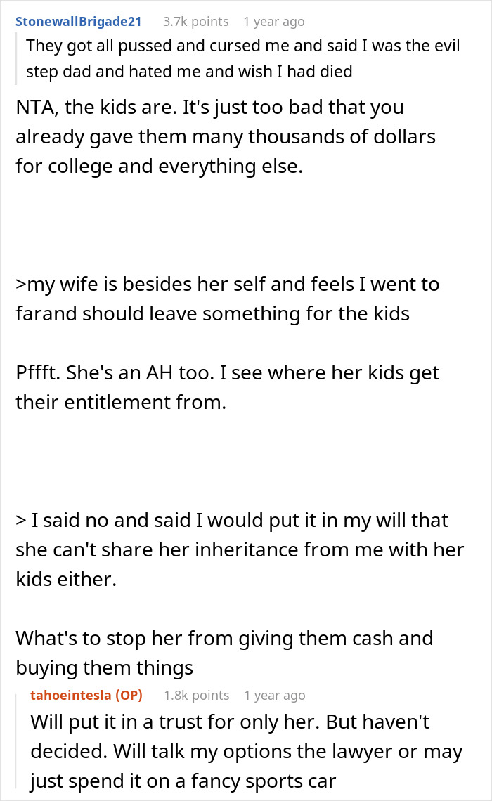 Stepkids show indifference toward stepdad expecting inheritance while he refuses and sets strict conditions. Stepkids show indifference toward stepdad expecting inheritance while he refuses and sets strict conditions.