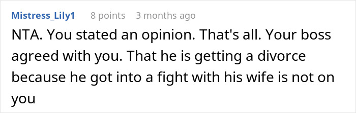 Screenshot of a Reddit comment discussing fears about confronting a married coworker and possible divorce implications. Screenshot of a Reddit comment discussing fears about confronting a married coworker and possible divorce implications.