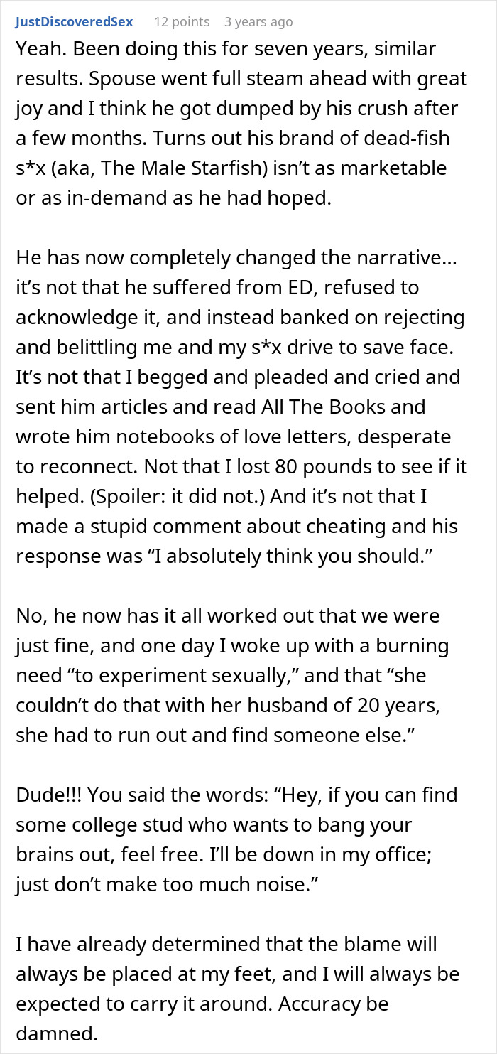 Text post from user JustDiscoveredSex discussing regrets about a poly open marriage and relationship challenges.