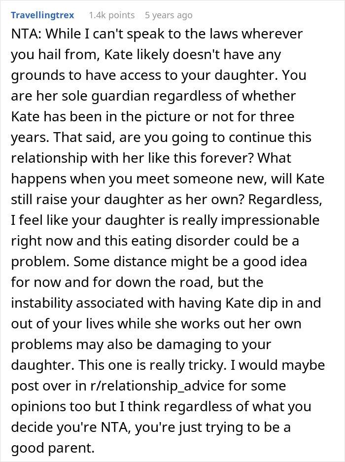Text excerpt discussing a little girl copying ex’s eating disorder comments and a concerned dad about her calling bread yucky. Text excerpt discussing a little girl copying ex’s eating disorder comments and a concerned dad about her calling bread yucky.