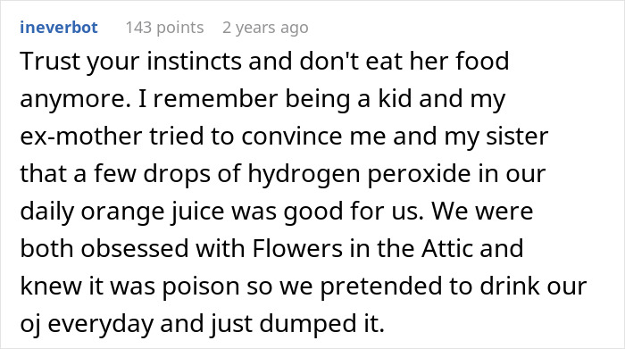 Text message about mistrusting parents' food causing sickness, with concerns about possible poisoning and harmful ingredients.