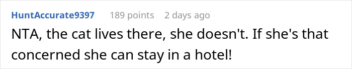Screenshot of an online comment discussing parents trying to get rid of a cat while pregnant sister visits, showing viewer reactions. Screenshot of an online comment discussing parents trying to get rid of a cat while pregnant sister visits, showing viewer reactions.