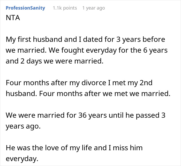 Comment about woman remarry upset cheater ex explaining long marriages and loss of second husband. Comment about woman remarry upset cheater ex explaining long marriages and loss of second husband.
