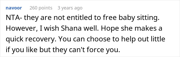 Comment on refusing to babysit stepsiblings, emphasizing choice and not being entitled to free babysitting.