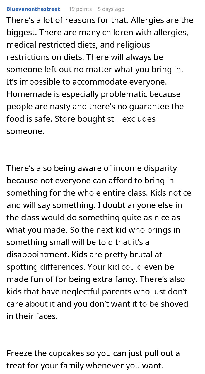 Comment discussing challenges and reactions to homemade cupcakes for a son’s birthday at school, including allergies and income disparity. Comment discussing challenges and reactions to homemade cupcakes for a son’s birthday at school, including allergies and income disparity.