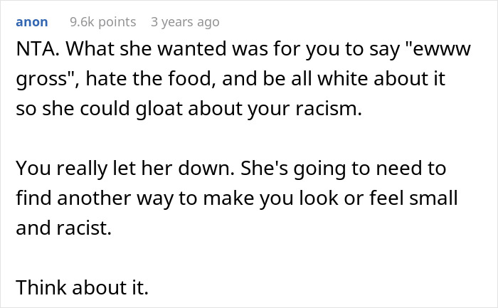 User comment in a forum discussing reactions to ordering fried pork intestine and perceived racism in food preferences. User comment in a forum discussing reactions to ordering fried pork intestine and perceived racism in food preferences.