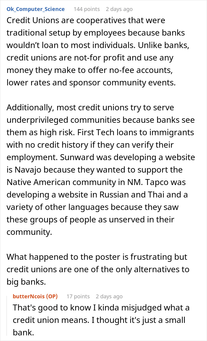 Screenshot of a Reddit discussion explaining credit unions as alternatives after funds get locked by banks. Screenshot of a Reddit discussion explaining credit unions as alternatives after funds get locked by banks.