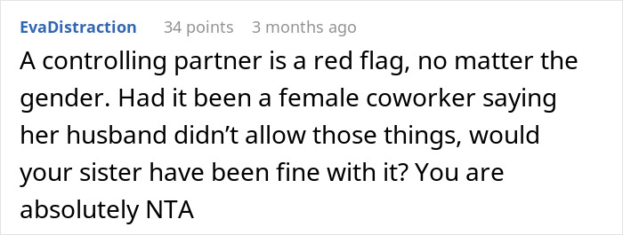 Screenshot of a Reddit comment discussing controlling partners and concerns about a married coworker’s wife’s behavior.