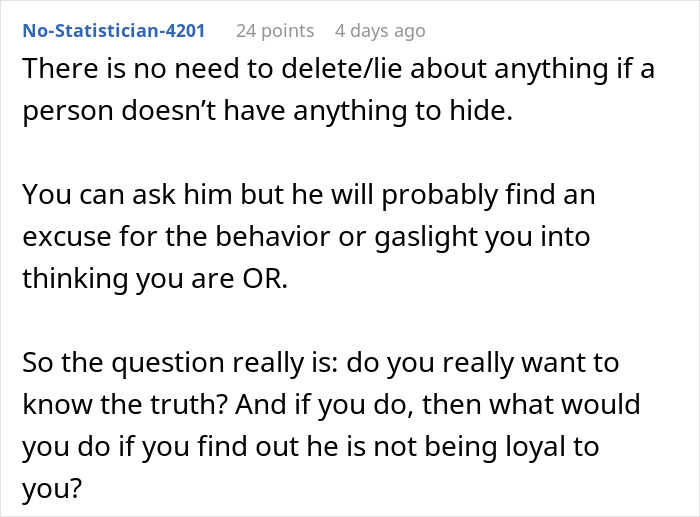 Comment discussing trust and loyalty issues after a wife checks husband’s phone, leaving her suspicious and confused. Comment discussing trust and loyalty issues after a wife checks husband’s phone, leaving her suspicious and confused.
