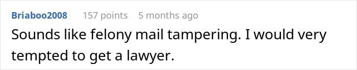Comment about felony mail tampering and advising to get a lawyer related to mom hiding college acceptance letters from kid Comment about felony mail tampering and advising to get a lawyer related to mom hiding college acceptance letters from kid