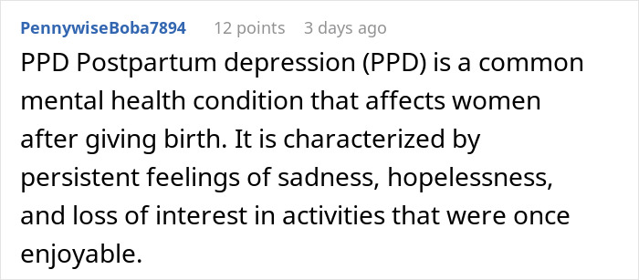 Comment text on postpartum depression explaining it as a mental health condition affecting women after giving birth. Comment text on postpartum depression explaining it as a mental health condition affecting women after giving birth.