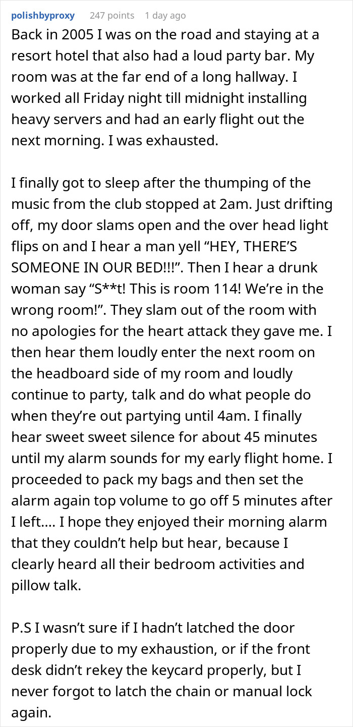 Block of text describing hotel guests disturbing neighbors with loud parties and early morning noise causing frustration and revenge.