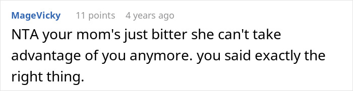 Screenshot of a user comment discussing siblings refusing support and the challenges of taking care of a mother. Screenshot of a user comment discussing siblings refusing support and the challenges of taking care of a mother.