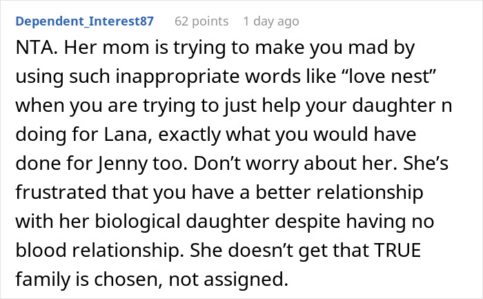 Comment discussing mom furious over ex letting stepdaughter date and have a love nest despite bio-dad's refusal. Comment discussing mom furious over ex letting stepdaughter date and have a love nest despite bio-dad's refusal.