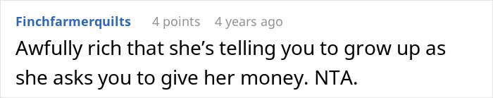 Comment about siblings refusing to support mother, expressing frustration over financial demands and responsibility. Comment about siblings refusing to support mother, expressing frustration over financial demands and responsibility.
