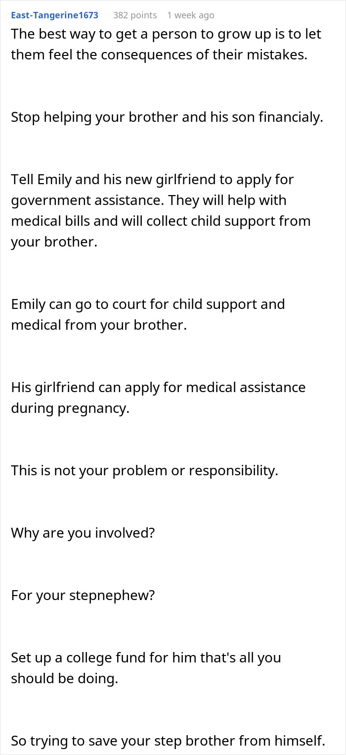 Comment discussing financial support advice for pregnant girlfriend involving stepbrother and stepnephew in family drama.