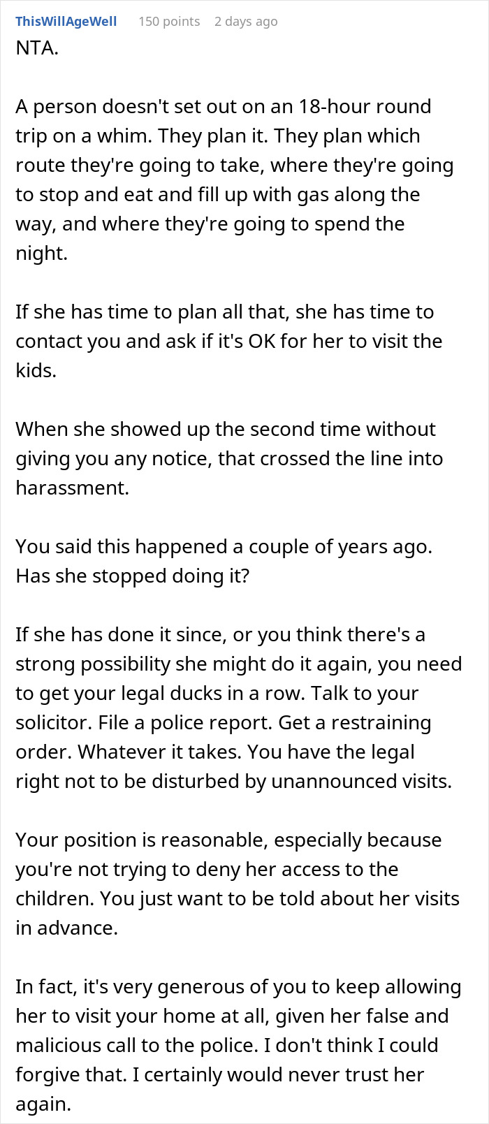 Reddit comment discussing woman showing up unannounced at ex-DIL’s doorstep and calling the cops. Reddit comment discussing woman showing up unannounced at ex-DIL’s doorstep and calling the cops.