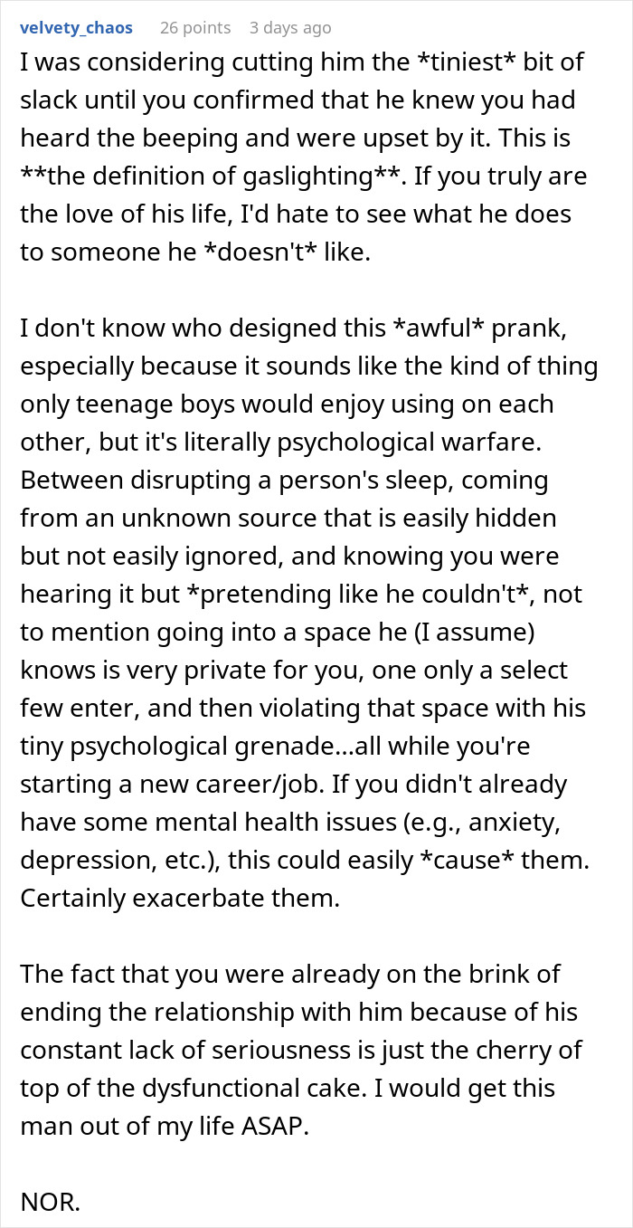 Comment discussing psychological impact of hidden device prank by boyfriend, reflecting gaslighting and relationship issues. Comment discussing psychological impact of hidden device prank by boyfriend, reflecting gaslighting and relationship issues.