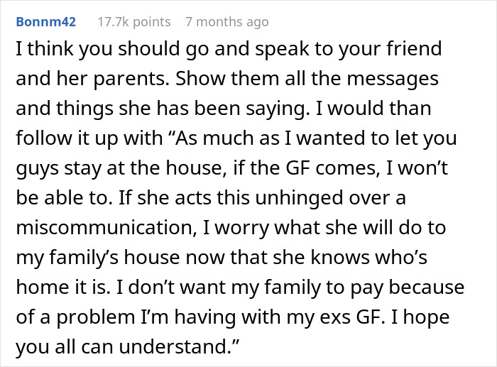 Comment discussing a woman considering canceling a friend’s holiday booking after harassment by her bro’s girlfriend. Comment discussing a woman considering canceling a friend’s holiday booking after harassment by her bro’s girlfriend.