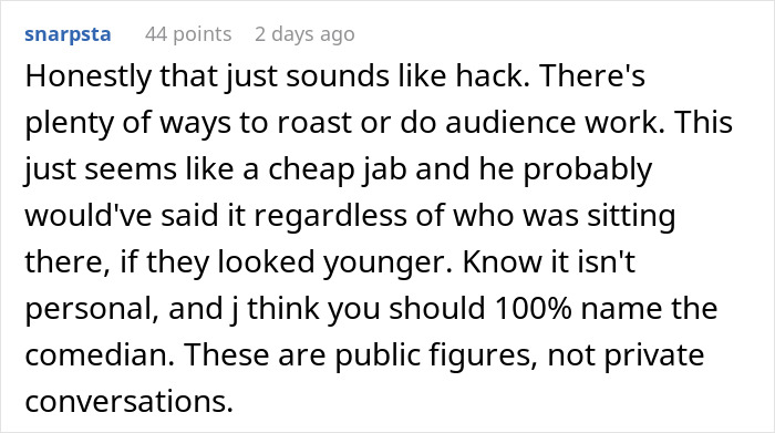 Online comment discussing a woman’s worst fear coming true at a stand-up show, focusing on crying instead of laughing. Online comment discussing a woman’s worst fear coming true at a stand-up show, focusing on crying instead of laughing.