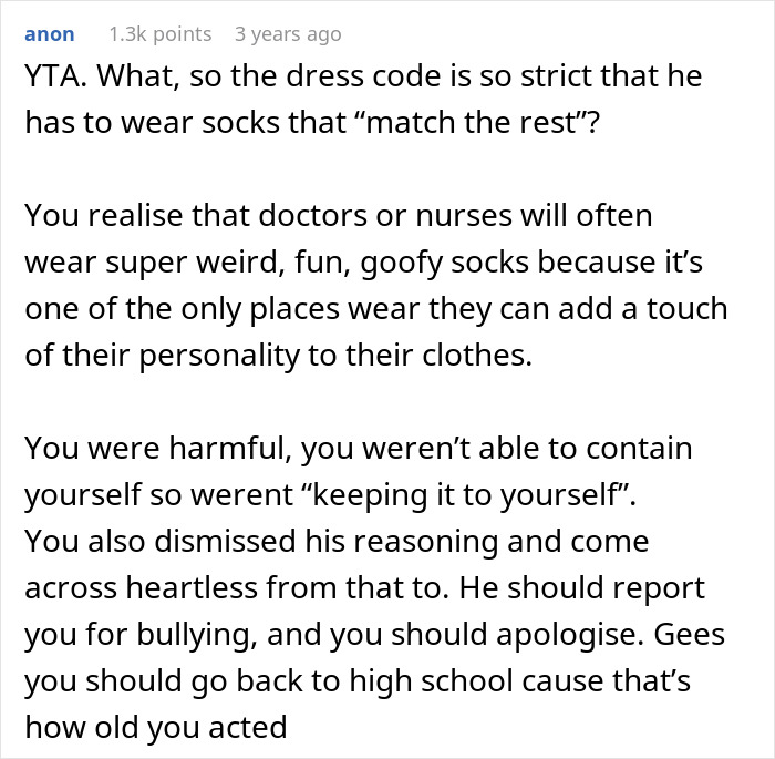 Comment discussing workplace harassment involving mocking colorful socks and suggesting HR intervention for bullying.