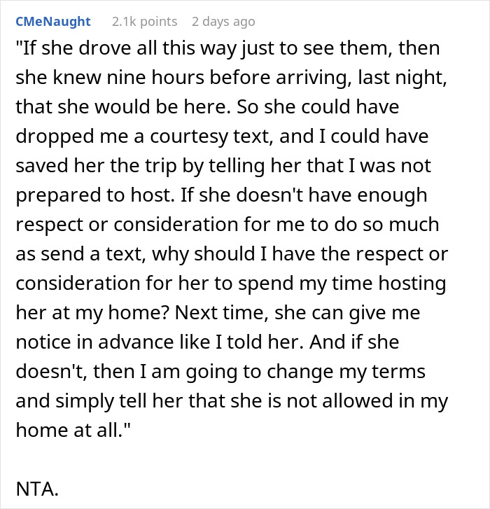 Text discussing a woman showing up unannounced at ex-DIL’s doorstep and calling cops when not let in. Text discussing a woman showing up unannounced at ex-DIL’s doorstep and calling cops when not let in.