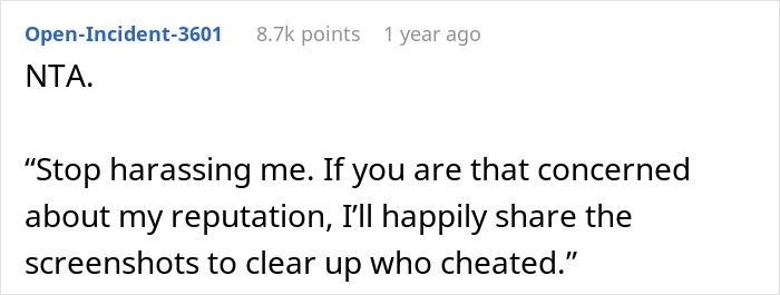 Screenshot of a forum comment where a woman talks about remarrying and confronting her upset cheater ex online. Screenshot of a forum comment where a woman talks about remarrying and confronting her upset cheater ex online.