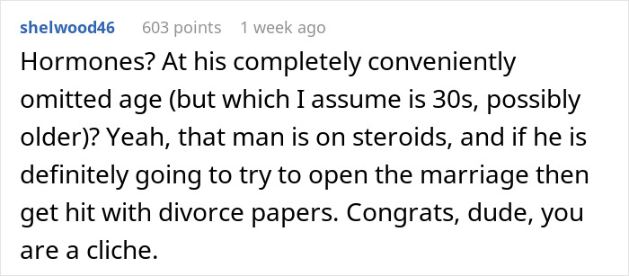 Comment discussing a husband asking wife to change intimacy boundaries, with predictions of divorce outcome. Comment discussing a husband asking wife to change intimacy boundaries, with predictions of divorce outcome.