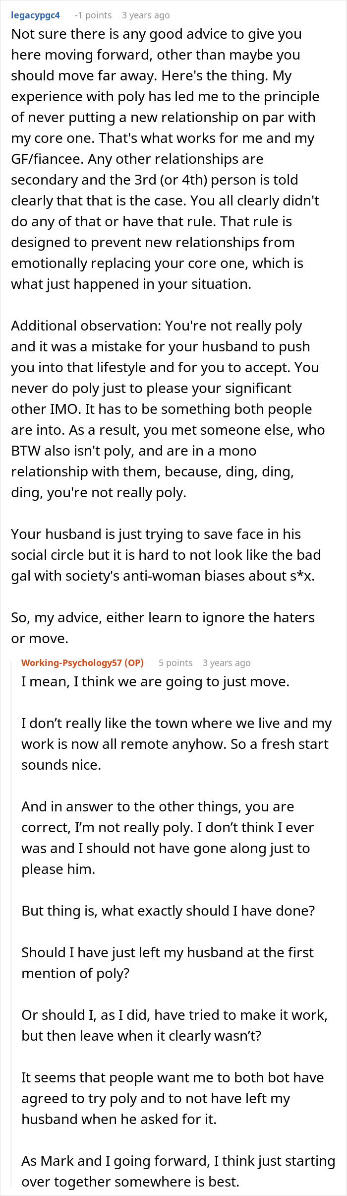 Alt text: Reddit conversation discussing a man's regret after revealing he is poly and asking for an open marriage. Alt text: Reddit conversation discussing a man's regret after revealing he is poly and asking for an open marriage.