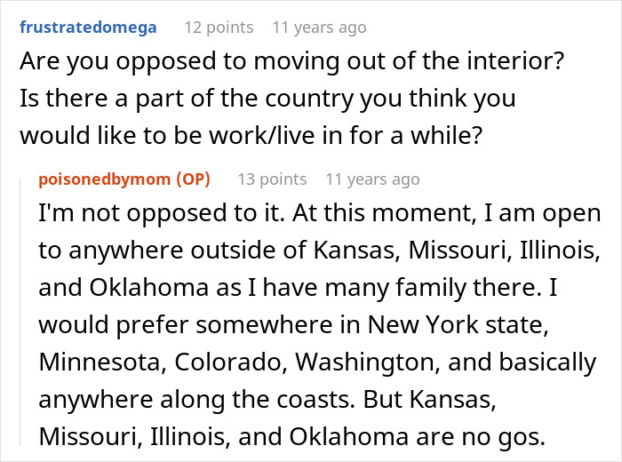 Reddit user poisonedbymom discussing preferred places to live outside Midwest states with family, focusing on coasts and avoiding certain regions. Reddit user poisonedbymom discussing preferred places to live outside Midwest states with family, focusing on coasts and avoiding certain regions.