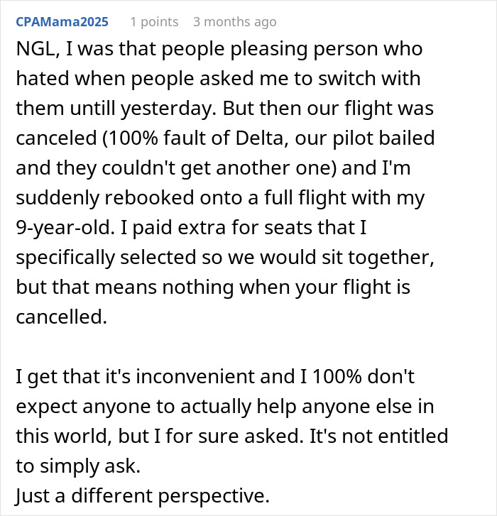 Text post sharing a personal story about a woman refusing to give up her plane seat and enjoying a guilt-free nap. Text post sharing a personal story about a woman refusing to give up her plane seat and enjoying a guilt-free nap.