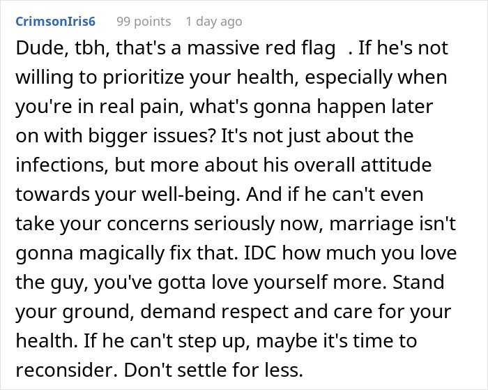 Comment discussing red flags about partner prone to infections, refusing testing, and reconsidering marriage for health reasons. Comment discussing red flags about partner prone to infections, refusing testing, and reconsidering marriage for health reasons.