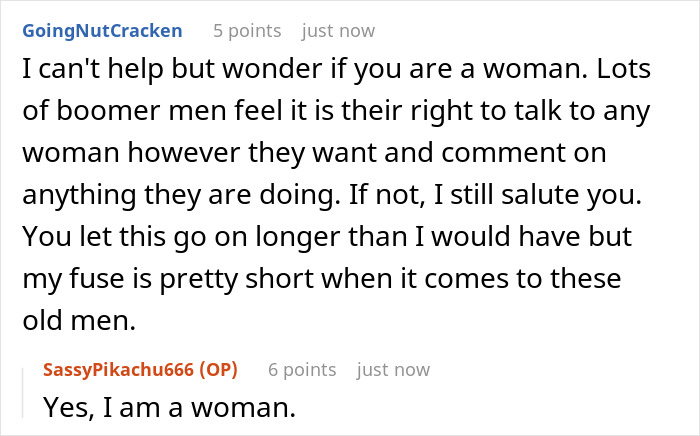 Conversation screenshot showing a user discussing rude boomer men and a woman clapping back in response to inappropriate behavior on a flight. Conversation screenshot showing a user discussing rude boomer men and a woman clapping back in response to inappropriate behavior on a flight.