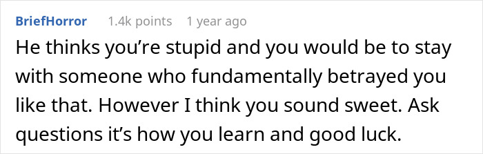 Reddit comment discussing future MIL brands bride-to-be stupid and her fiancé laughing along with the situation. Reddit comment discussing future MIL brands bride-to-be stupid and her fiancé laughing along with the situation.