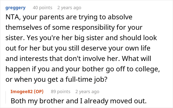 Screenshot of a conversation about a 19-year-old forced to be a parent to her little sister, feeling irked about her brother's lack of responsibility. Screenshot of a conversation about a 19-year-old forced to be a parent to her little sister, feeling irked about her brother's lack of responsibility.