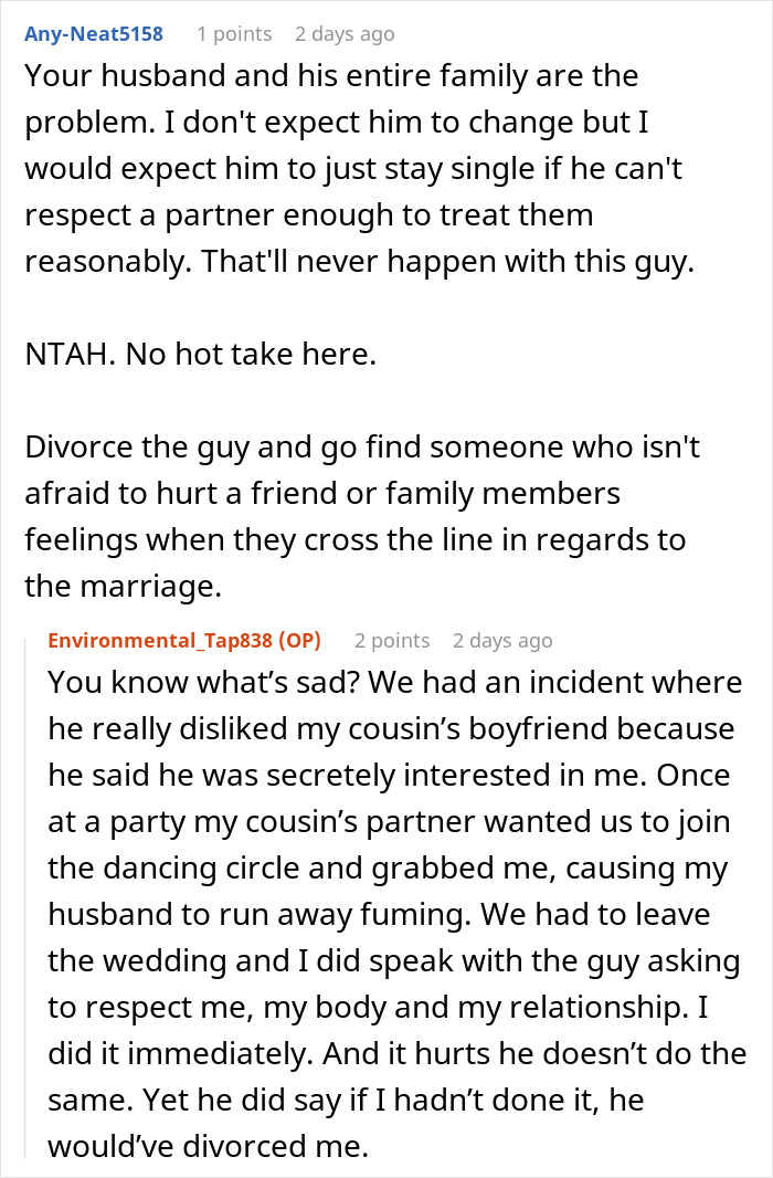 Social media comments discussing inlaws pushing boundaries and issues leading to thoughts of divorce and relationship respect.
